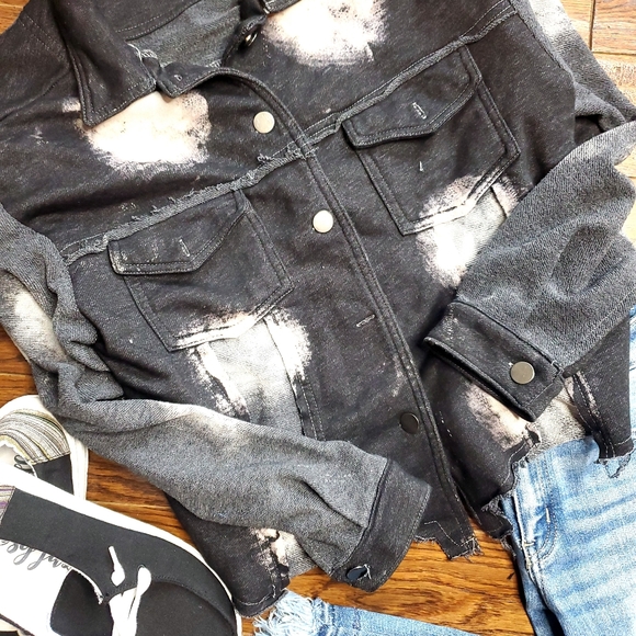 Black Tie Dye French Terry Jacket w/ Distressing - Picture 5 of 5